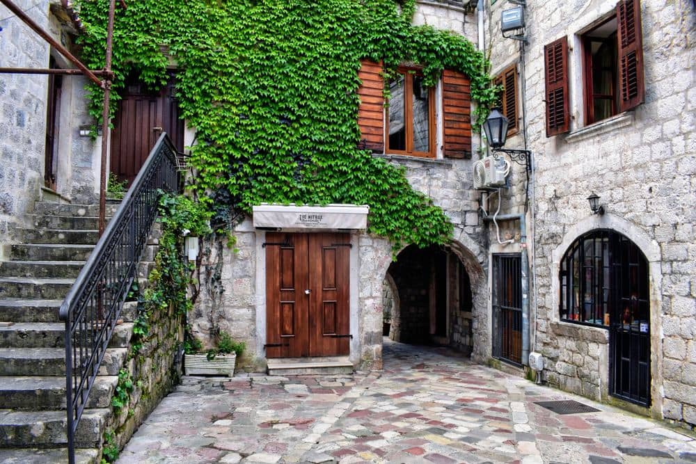 The lanes of Kotor's old town below the mountain wall