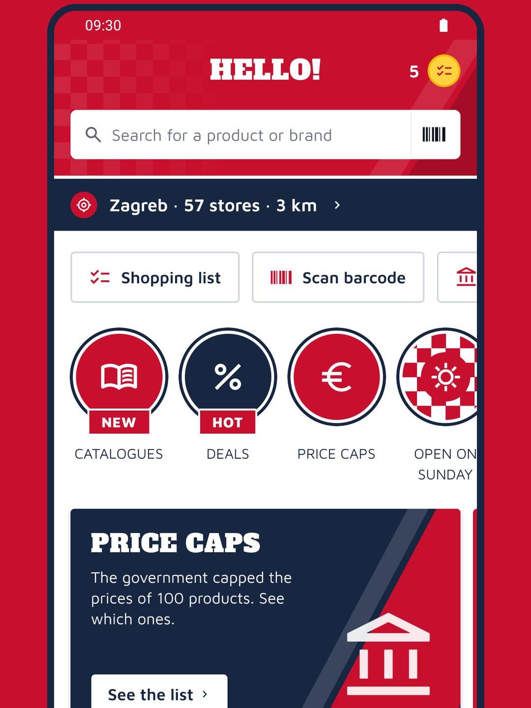 Pinezi home screen with product search, barcode scanner, shopping list, deals, price caps and Sunday opening