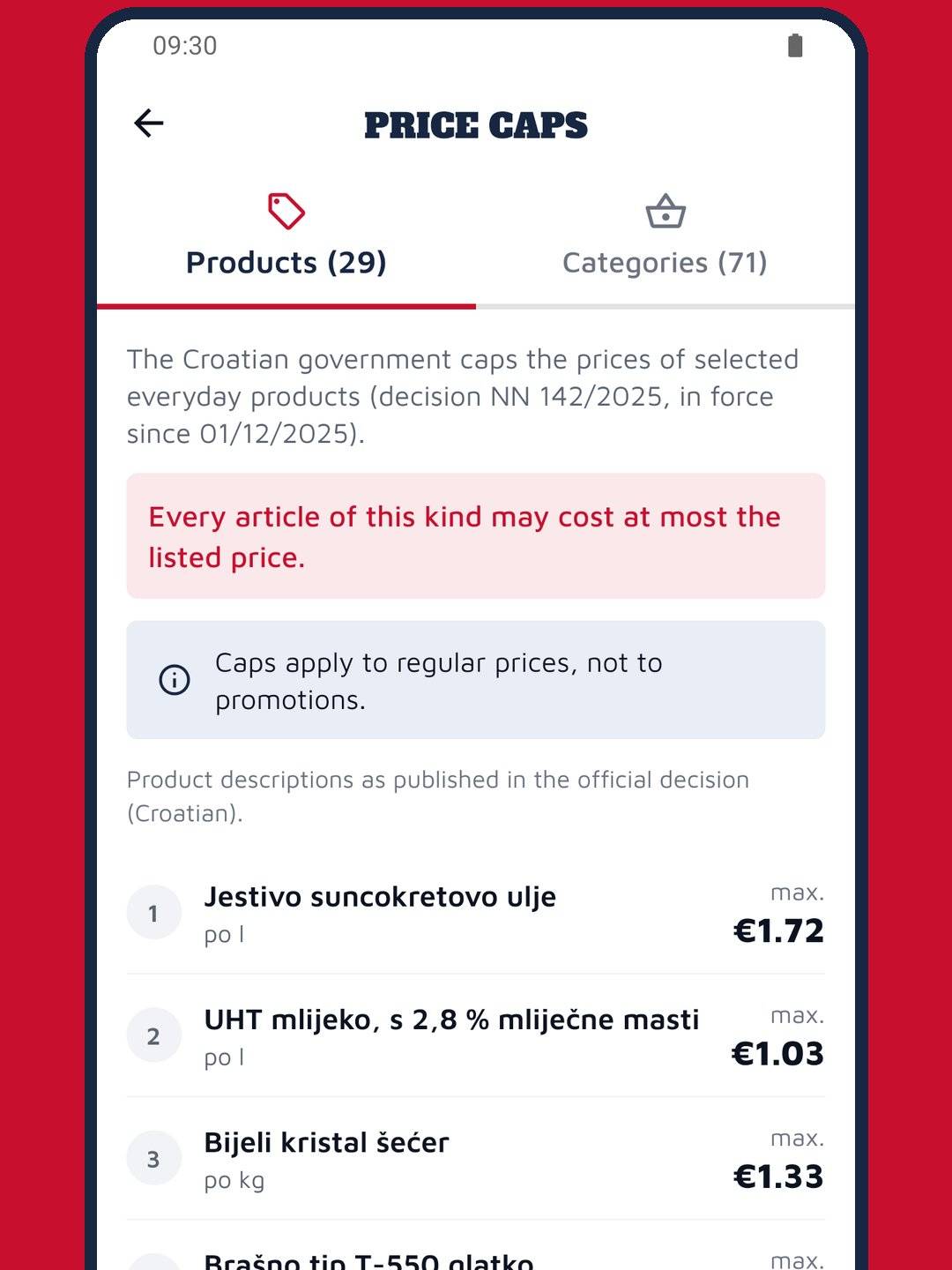 Pinezi price caps screen: 29 products and 71 categories under decision NN 142/2025, with maximum prices
