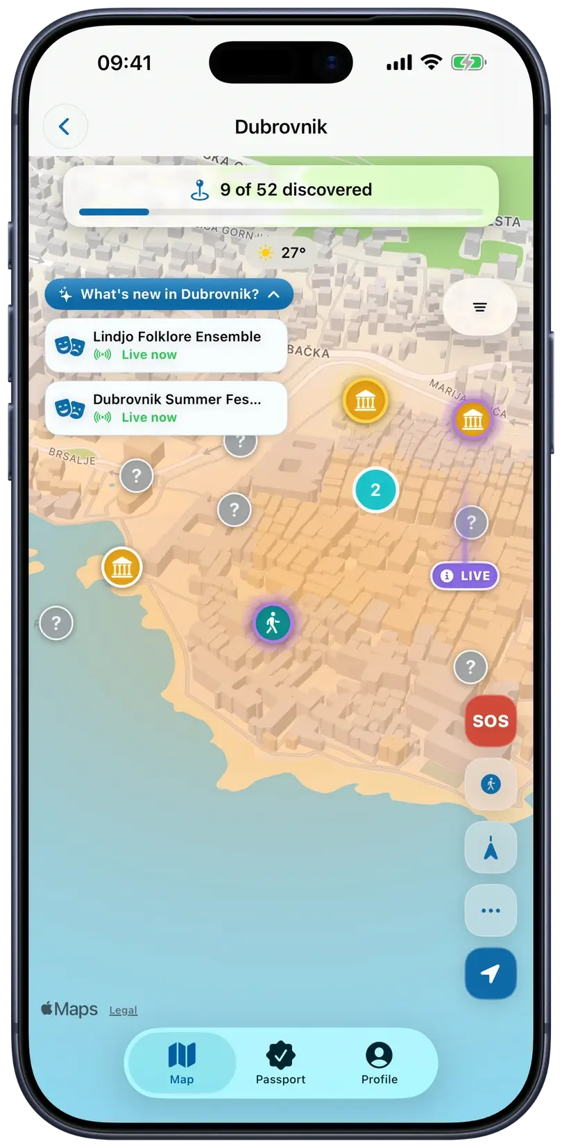 CroVenture app showing live discovery on the Dubrovnik map