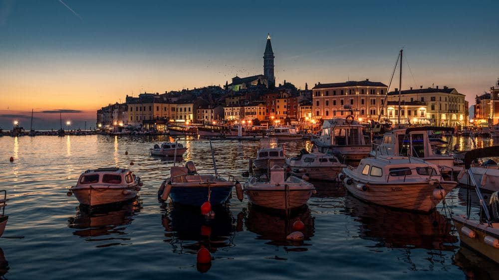 Rovinj harbour at night, the first evening after the crossing