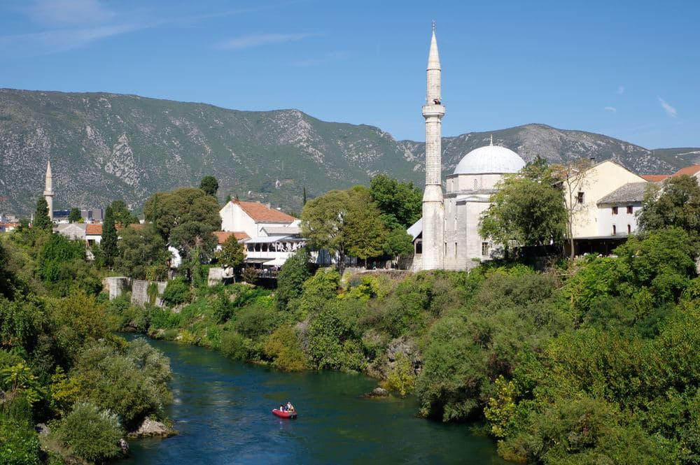 The old bridge of Mostar from the river bank, three hours by bus from Dubrovnik