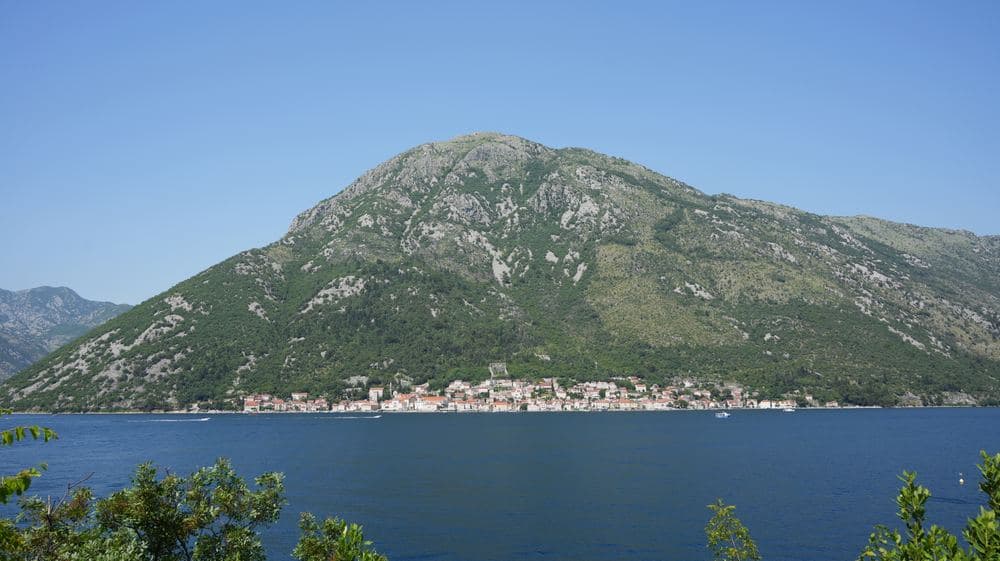 Perast and the church islands from the bay road, the first stop on the way to Kotor