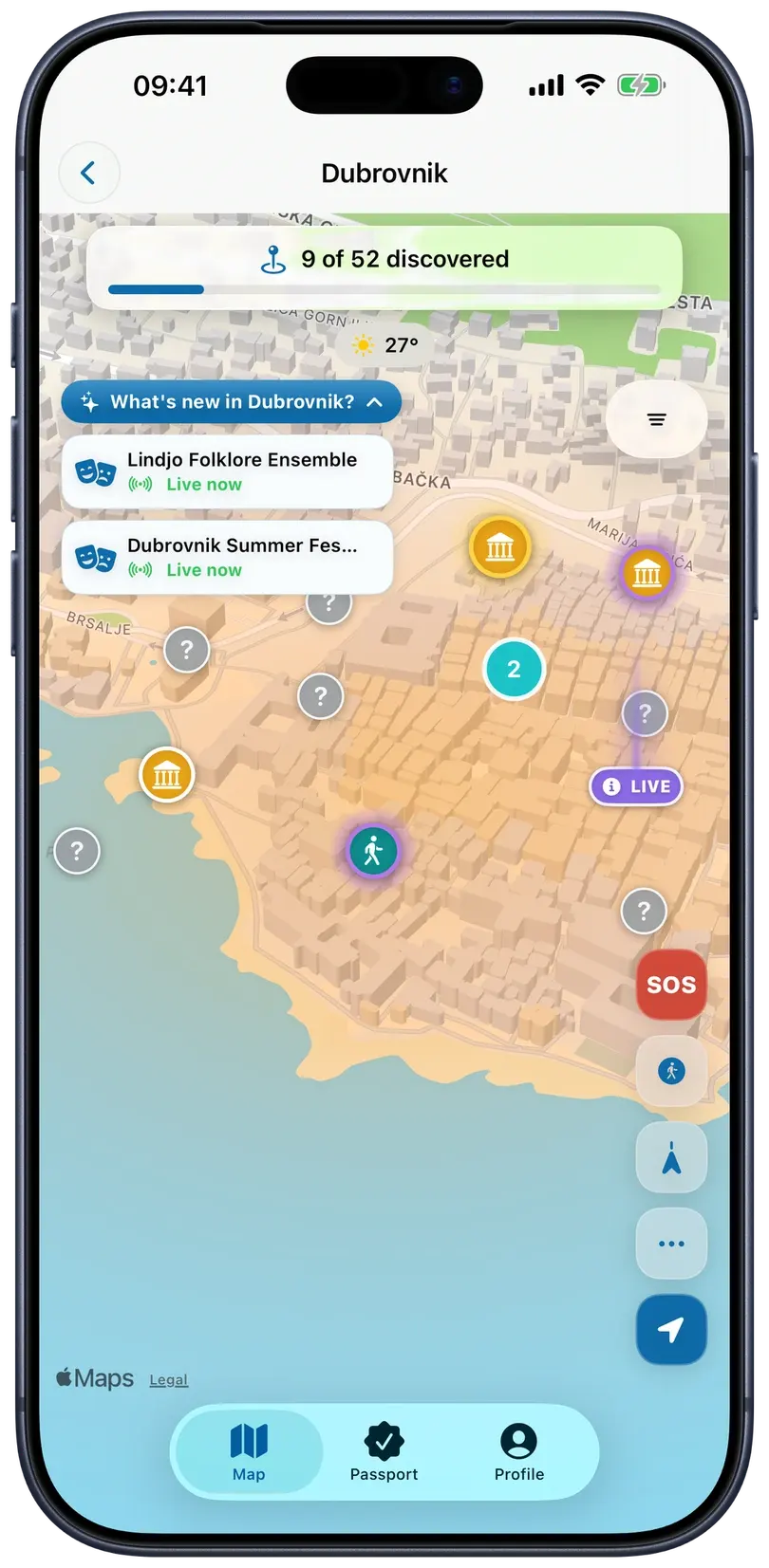CroVenture app showing live discovery on the Dubrovnik map