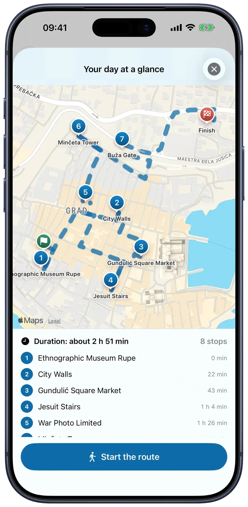 Current CroVenture iOS day planner with an eight-stop walking route