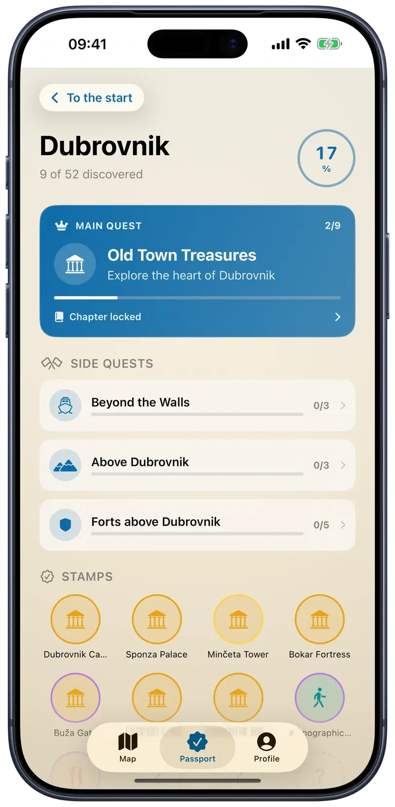 Current CroVenture iOS digital passport with Dubrovnik quests and stamps