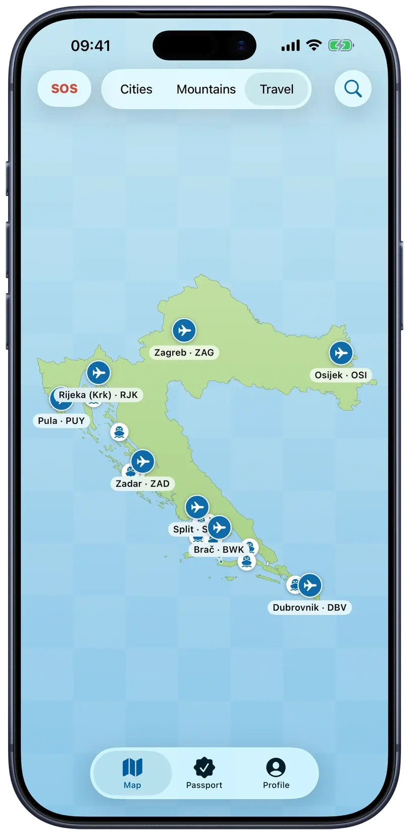 Current CroVenture iOS travel map with airports and ferry connections