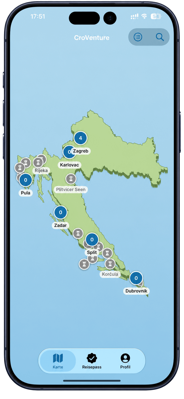 CroVenture app showing the map of Croatia