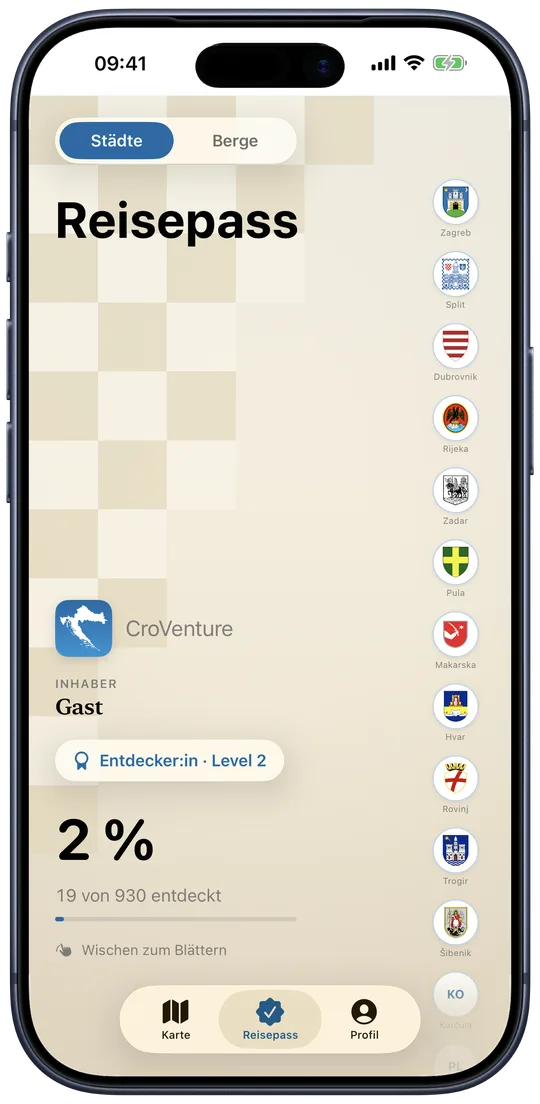 Reisepass mit Stadtwappen und Entdecker-Level