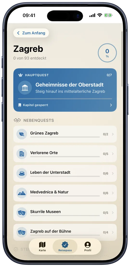 Zagreber Quest-Liste mit Hauptquest und Nebenquests