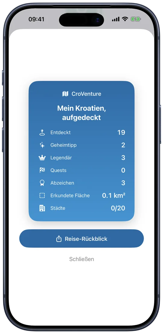 Reise-Rückblick mit Entdeckungen, Abzeichen und erkundeter Fläche